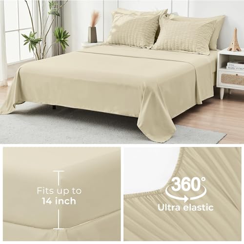 Image of HYMOKEGE Oatmeal Full Size Comforter Sets Seersucker 7 Pieces, All Season Luxury Bed in a Bag for Bedroom, Bedding Set with Comforter, Sheets, Pillowcases & Shams
