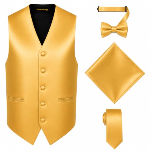 Image of Oliver George 4pc Men's Solid Formal Suit Waistcoat Tuxedo Dress Vest Necktie Bowtie Handkerchief Set for Suit or Tuxedo