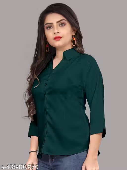 Image of Women's Cotton Blend Solid Formal Shirt with 3 /4 Sleeves-Navy Blue P4