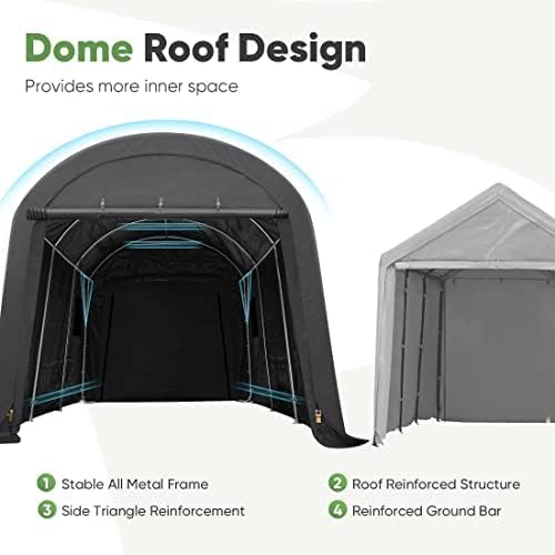 ADVANCE OUTDOOR 10X12 ft Storage Shed Carport Steel Metal Round Peak Roof Portable Garage Shelter for Motorcycle, Boat, and Garden Tools with 2 Roll up Doors & Vents-Dark Gray