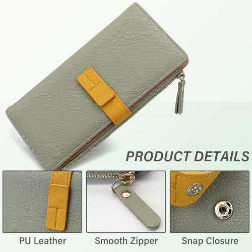 Wallet for Women, Ladies Leather Slim Wallets Card Holder, Large Capacity Bifold Clutch Purse with Zipper Pocket (Green)3