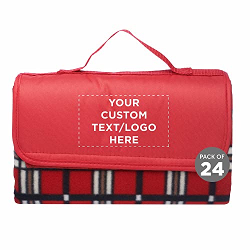 DISCOUNT PROMOS Custom Brookhaven Roll Up Picnic Blankets Set of 24, Personalized Bulk Pack – Great Outdoor Blanket for Camping, Picnic, Beach, Sports, Outdoor Activities – Red