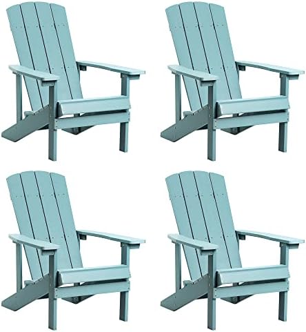 Adirondack Chairs Set of 4, All Weather Modern Fire Pit Chair with Real-like Wood Grain and Wide Armrest, Plastic Adirondack Outdoor Chair with Deep Seating and Reclined High Back, 350 lbs, Blue