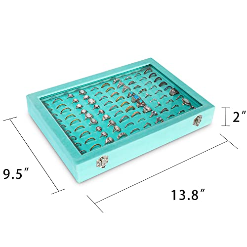 Frebeauty Ring Organizer Tray 100 Slots Ring Holder With Clear Lid Velvet Ring Storage Box Ring Tray For Jewelry Store Ring Display Case For Jewelry Show Ring Box For Women Girls(Turquoise) #TOP1