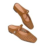Women's Square Toe Woven Hollow Out Casual Flat Shoes, PU Leather Upper, Rubber Sole, Medium Width, All Season Fashion Sneakers Slip on Mules Mesh Ballet Flats Mary Jane Trendy Backless (Tan,8.5)