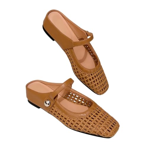 Women's Square Toe Woven Hollow Out Casual Flat Shoes, PU Leather Upper, Rubber Sole, Medium Width, All Season Fashion Sneakers Slip on Mules Mesh Ballet Flats Mary Jane Trendy Backless (Tan,8.5)