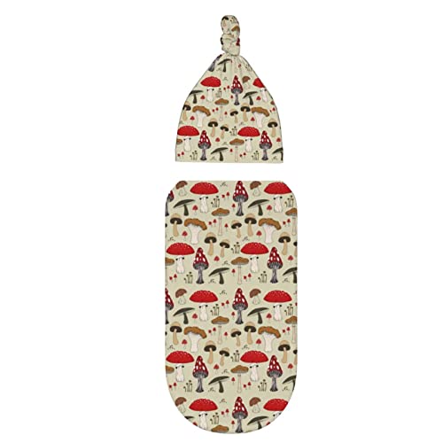 Image of Mushroom Newborn Swaddle Blanket & Sleep Sack - Soft Baby Wraps With Beanie Hat - Gifts for Boys & Girls
