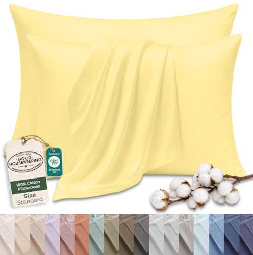 Image of Royale Linens 100% Cotton Pillow Cases Standard Size Set of 2 - Percale Pillowcase - Yellow Pillow Cases Soft Cooling & Breathable Hotel Cotton Pillowcases, Fits Standard Pillows (20 inchx26 inch, Yellow)