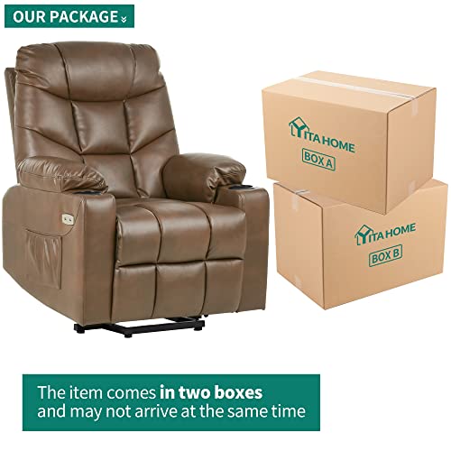 Yitahome Electric Power Lift Recliner Chair For Elderly, Leather Recliner Chair With Massage And Heat, Spacious Seat, Usb Ports, Cup Holders, Side Pockets, Remote Control (Light Brown) #TOP7