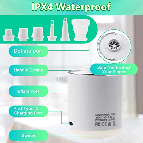 【2022 Upgrade】 Air Pump For Inflatables, Mini Portable Air Pump With Led Lantern, Air Mattress Pump With 5 Nozzles, 1600Mah Rechargeable Pump For Swimming Rings Bed Pool Toy Vacuum Storage Bags #TOP4