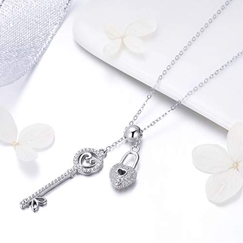 Bisaer Heart Lock And Key Pendant Necklace 925 Sterling Silver Cubic Zirconia Charm Necklace Adjustable Necklaces For Women Girls #TOP19
