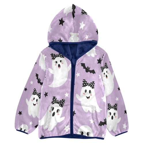 Cute Ghosts with Bats Toddler Fleece Jacket Girl Boys Hooded Fleece Jacket Coat Warm Outwear Zip-up 3-10T