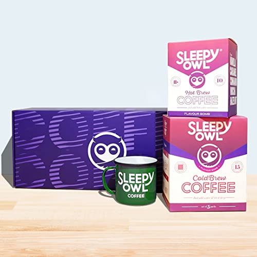 Sleepy Owl Celebration Box (Green) | Set of 5 Cold Brew Packs (Flavour Box) + Set of 10 Hot Brew Bags (Flavour Box) + 1 Enamel Mug (Green) | Makes 25 Cups | 100% Arabica Coffee... - Image 2
