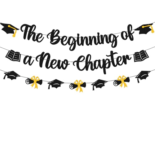 The Beginning of a New Chapter Banner - Glitter Black Graduation Party Decoration, Congrats Grad Class of 2025 Theme Garland, Pre-strung College Classroom Graduation Party Supplies