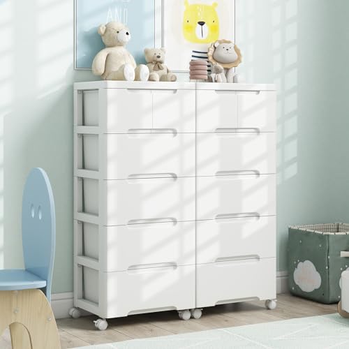 COSTWAY Chest of Drawers, 5/6/7-Drawer Dresser Storage Cabinet with Wheels, Modern Tall Freestanding Chest Cupboard Drawers Organiser Unit for Bedroom, Living Room, Closet and Hallway (White, 5-Tier)