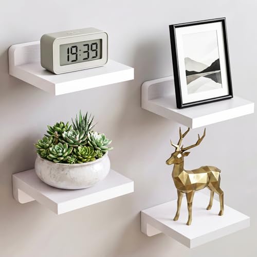 Fixwal Small Shelf for Wall Rustic Wood Floating Wall Mounted Shelves for Bedroom Living Room Kitchen Bathroom Decor Set of 4 5 x 5 Inches (White)