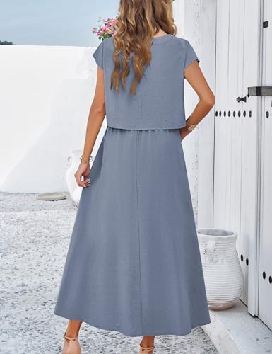 Image of Mingzhu Womens 2 Piece Outfits Skirt Set Summer Casual Cap Sleeve Crop Tops Maxi Dress Sets with Pockets