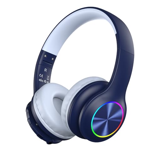 Candy Bila Kids Bluetooth 6.0 Headphones with LED Light, 85Hours Playtimes, Type-C Fast Charging, 85/94dB Volume Limited, Comfort Wireless Headphones with Built-in Mic, Wired & TF Card Mode, Navy Blue