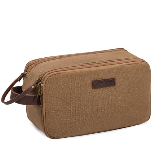 DENGFENGZHE Toiletry Bag for Men,Canvas Travel Toiletry Organizer Dopp Kit Large Capacity Water Resistant Shaving Bag for Toiletries Accessories (Brown, Medium)