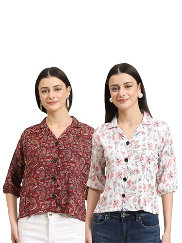 Image of Women's Cotton Blend Printed Combo (Pack of 2) Shirts - 3 /4 Sleeves V Collar Neck