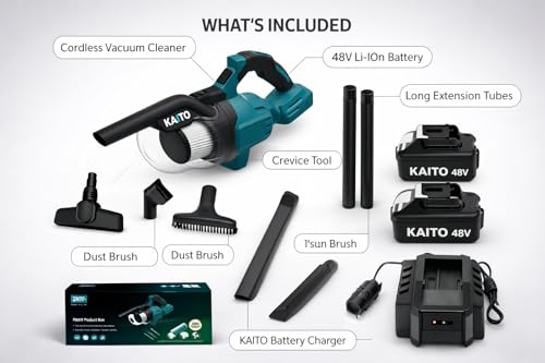 Image of KAITO Cordless Vacuum Cleaner 48V (300W) | 9.6KPa Powerful Suction, 800ml Dust Capacity | Portable Handheld Vacuum with 2 Batteries, Charger & Attachments | for Car, Home & Floor Cleaning