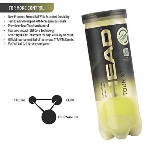 Image of HEAD Tour XT Tennis Balls | for Professional Tournaments | Superior Touch | Optimized Control | Extended Longevity | Recommended for Hot Temperatures & Fast Clay & Hard Courts | 12 Balls (4 Cans)