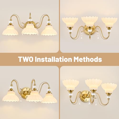 Image of Vintage Bathroom Vanity Light, 3-Light Brushed Gold Finish Wall Sconce with Hanging Crystal Accents and Flower-Shaped White Glass Shades, Retro Wall Mount Vanity Light Over Mirror for Bathroom