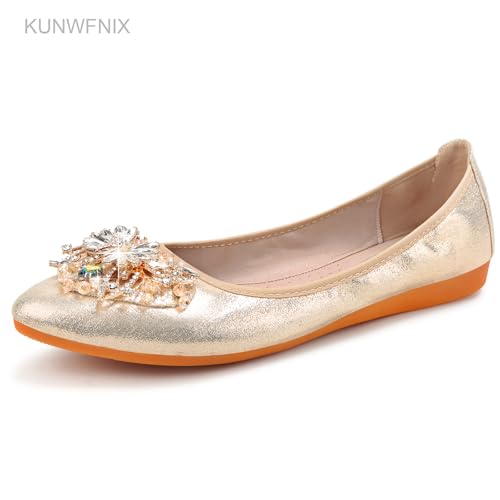 Image of KUNWFNIX Women Ballet Flats Rhinestone Wedding Ballerina Shoes Foldable Sparkly Comfort Slip on Flat Shoes
