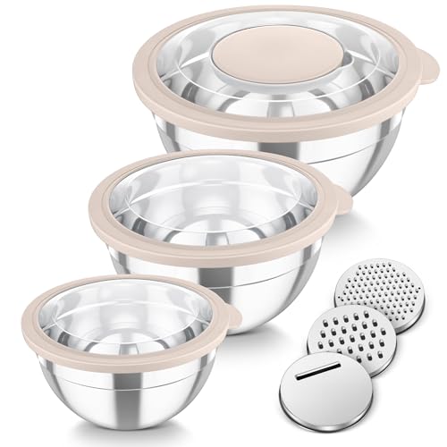 Image of TeamFar Mixing Bowls, 3PCS Stainless Steel Serving Salad Bowls with Lids & 3 Graters, For Kitchen Mixing/Baking/Storing/Prepping, Visible & Airtight, Easy Clean - 4.5/3 / 1.5 QT, Khaki