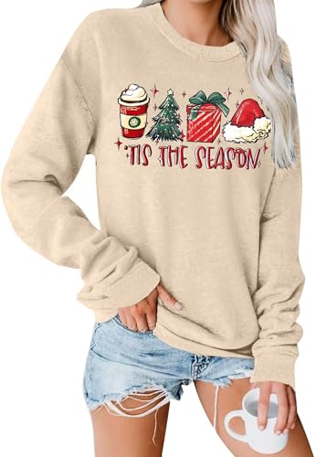 Image of VVNTY Christmas Sweatshirt for Women Xmas Jumper Ladies Tis The Season Print Pullover Tops (Cream1,XL)
