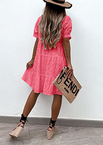 Image of Imily Bela Womens Summer Lace Dresses Eyelet Casual Flowy Babydoll Swing Short Sleeve V Neck Tunic Dress