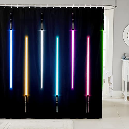 Homewish Colorful Lightsaber Shower Curtain Lightsaber Bathroom Shower Curtain Set for Kids Adult Colorful Neon Bath Curtain Modern Cool Waterproof Curtains Room Decor 72 x 72 Inch