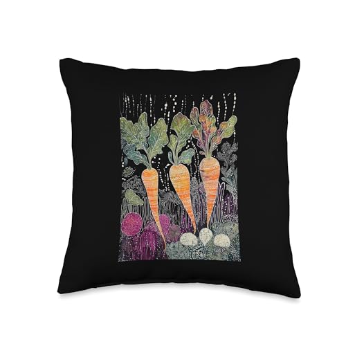 Carrot Beetroot Whimsical Batik Vegetable Garden Nature Art Throw Pillow