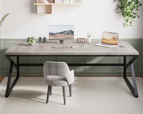 Image of HSH 78 Inch Long Home Office Desk, Extra Large Grey Computer Desk for 2 Person, Industrial Wooden and Metal Executive Work Writing Study Gaming Desk Table, Modern Bedroom PC Laptop Desk Double Desk