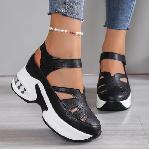 Orthopedic Shoes for Women 2025,Hook And Loop Hollow Platform Sandals Closed Toe Comfortable Walking Wedges Non Slip Thick Sole Retro Old Fashion Dressy Shoes with Soft Sole Air Cushion3