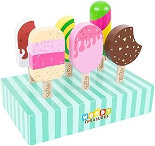 Woody Treasures Wooden Ice Cream Set - 6-Piece Ice Cream Toys for Kids 3 Years & Up - Children's Interactive Role Play / Pretend Play - Play Food for Boys & Girls