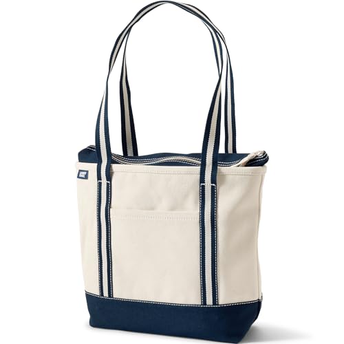 Image of Lands' End Natural Long Handle Zip Top Canvas Tote Natural /navy Stripe Medium Long Handle