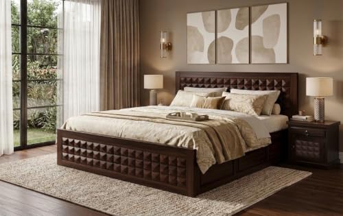 Image of Solid Sheesham Wood Queen Size Bed with Storage|Wooden Box Queen Size Double Cot Bed with Storage Box for Home,Bedroom,Hotel,Living Room|3D Diamond Carved Design Headboard|Walnut Finish