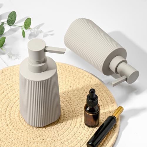 Image of Beige 2 Pack Hand Soap Dispensers Set with No Rust Pump for Bathroom and Kitchen Countertops Refillable Matte Striped Plastic 8.5 oz