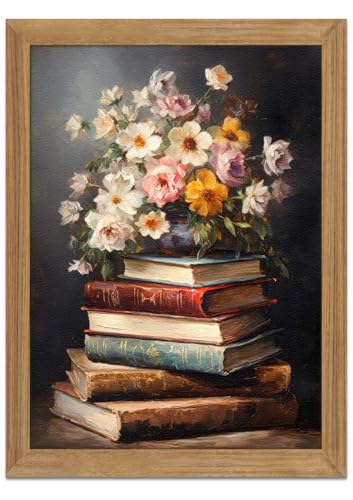 Arte da parete floreale vintage incorniciata – 3D strutturato fiori libri arenaria dipinto a mano arte pittura ad olio – decorazione minimalista botanica da parete per camera da letto soggiorno