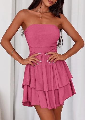 Image of PRETTYGARDEN Women's 2026 Summer Strapless Tube Mini Dress Off Shoulder Smocked Ruffle A Line Flowy Short Party Club Dresses