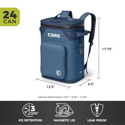 Image of CORE Magnetic Leak Proof Soft Cooler with Waterproof Zipper | Insulated Bag Portable Ice Chest Box | Best Soft Cooler for Food & Beverages for Tailgating, Car Camping, Travel, and Family Beach Picnics