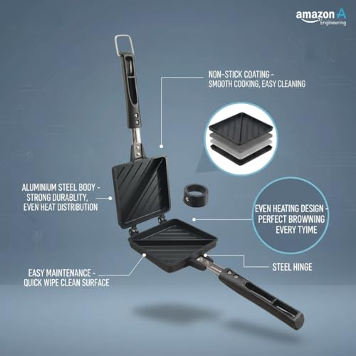 Image of Sandwich Maker for Gas Stove Non Stick | Jumbo 2 Slice Grill Sandwich Toaster | Crispy Toasted Bread Sandwich Maker | Heat Resistant Handle | Black (Jumbo 2-Cut Sandwich Toaster)
