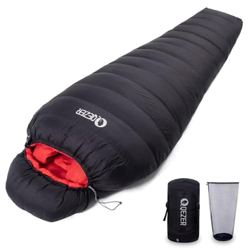 QEZER Ultralight Down Sleeping Bag for Adults with 600 Fill Power, Compact Sleeping Bag for Backpacking, Hiking and Camping (Black 15 Degree F)