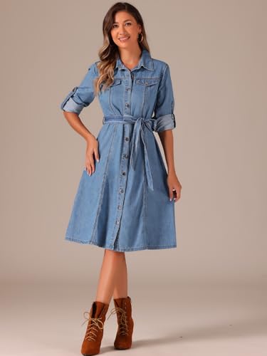 Image of Allegra K Denim Dress for Women's Long Sleeve Button Down A-Line Belted Classic Jean Dresses