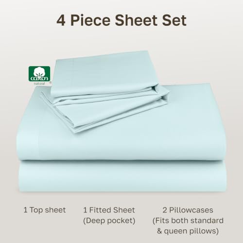 Image of California Design Den Queen Sheet Set - Natural 100% Cotton Sheets Queen Size Bed Set with Deep Pockets, Soft Sateen Weave, Breathable and Durable Bedding (Seafoam)