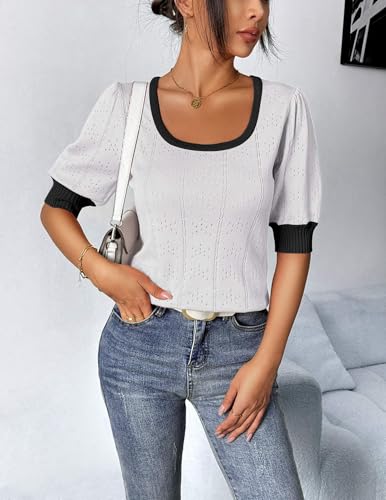 Image of HOTOUCH Sweater for Women 2024 Fall Trendy Puff Tops Casual Eyelet Knit Square Neck Tunic Shirt Blouses White Black Colorblock M