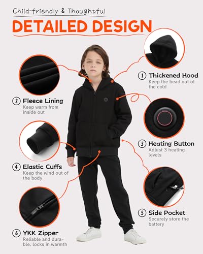 HEWINZE Kids Heated Hoodie Sweatshirt,heated jacket Full-Zip for child with 5V Battery Pack3