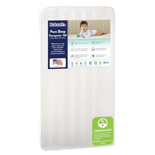 Kolcraft Pure Sleep Therapeutic Breathable Crib Mattress plus Toddler Bed Fit, GREENGUARD GOLD Certified, Made in USA, 150 Extra Firm Posture Support Coils, Non Toxic, Safety & Quality Tested, 52