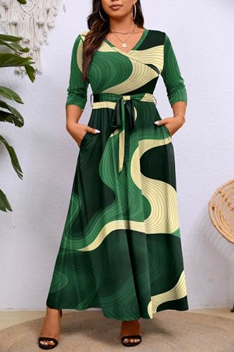 Image of Runwind Plus Size Maxi Dresses - 3 /4 Sleeve V Neck Long Dresses for Women (XL-6XL)